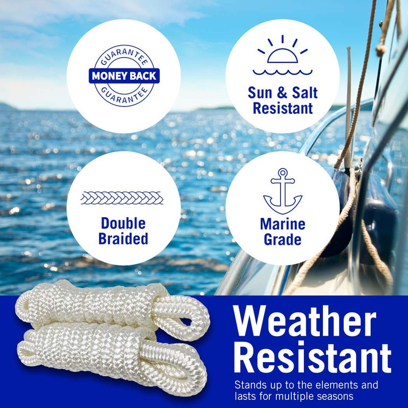 Better Boat Boat Fender Lines, 3/8 Inch Double Braided Nylon Rope, 6 Ft with Loop, 2 Pack, White, for Buoy, Jet Ski Mooring, Docking & Small Boat Bumpers - Image 3